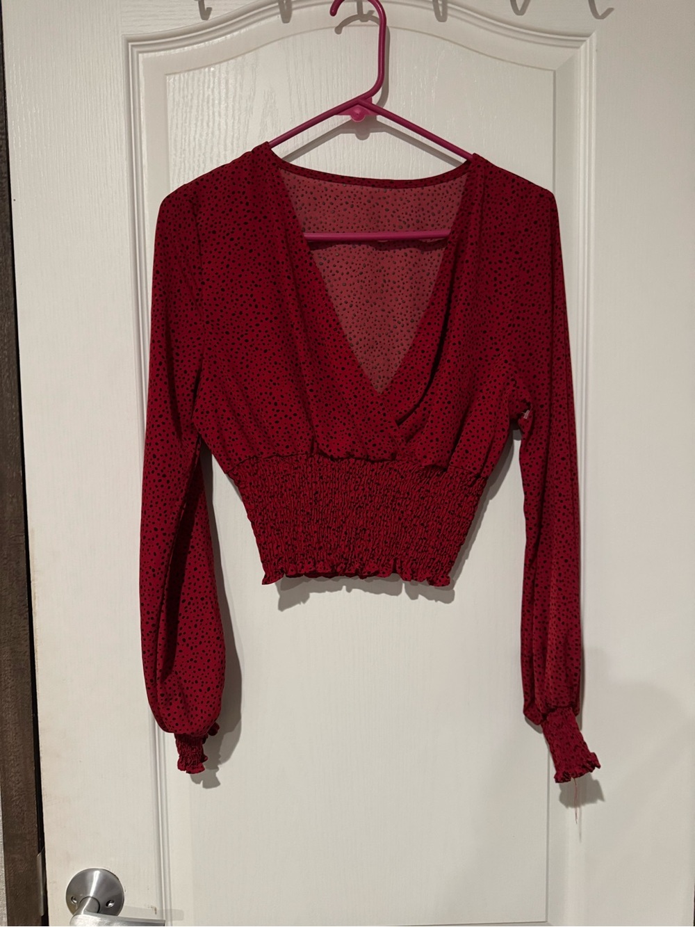 Red Speckled Smocked Long Sleeve Crop Top